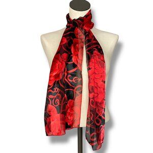 Vintage Rose Scarf Valentine's Day Semi-Sheer Stripes Floral Red Black 13" x 59"
